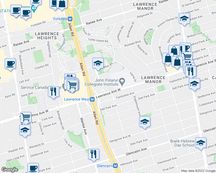 map of restaurants, bars, coffee shops, grocery stores, and more near 650 Lawrence Avenue West in Toronto