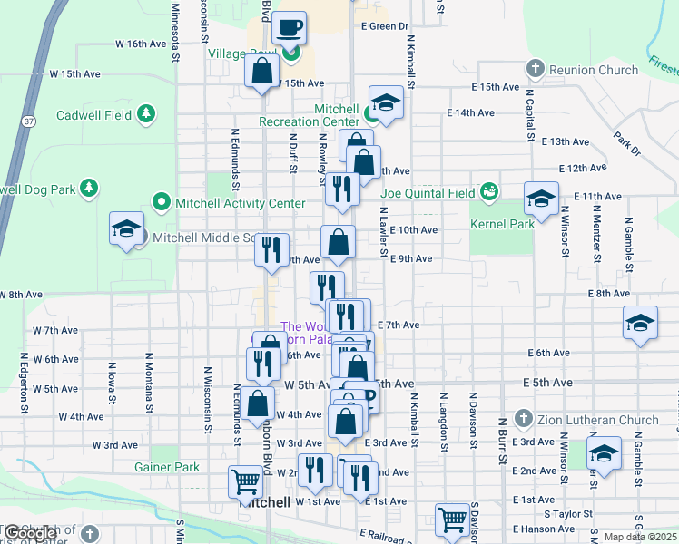 map of restaurants, bars, coffee shops, grocery stores, and more near 812 North Rowley Street in Mitchell