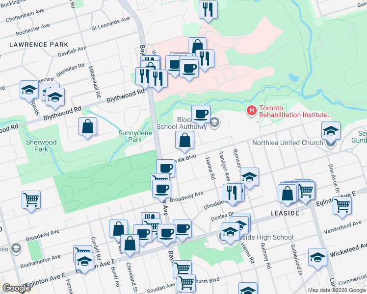 map of restaurants, bars, coffee shops, grocery stores, and more near 68 Kilgour Road in Toronto
