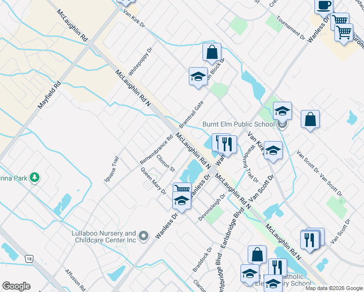 map of restaurants, bars, coffee shops, grocery stores, and more near 90 Baffin Crescent in Brampton