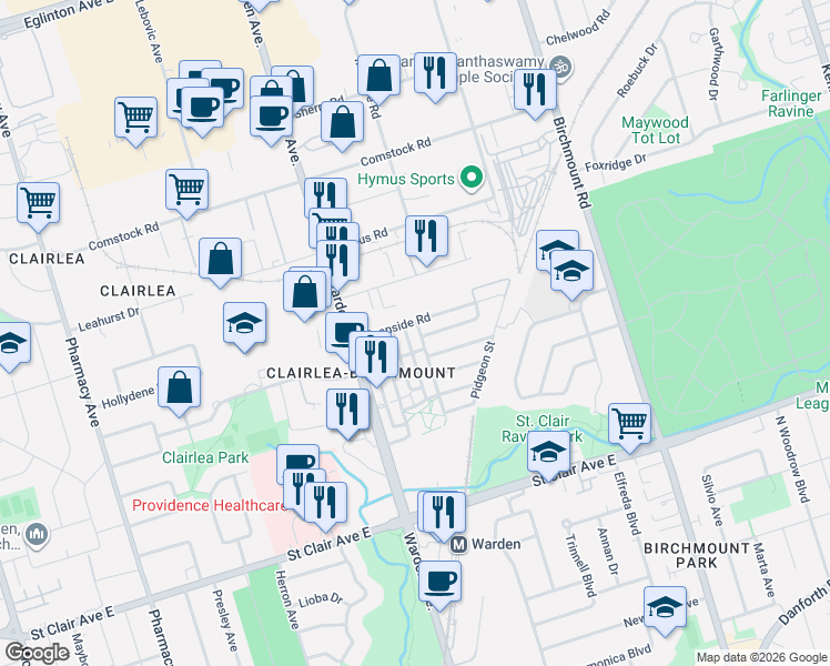 map of restaurants, bars, coffee shops, grocery stores, and more near 98 Howe Avenue in Toronto
