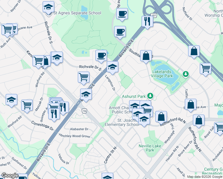 map of restaurants, bars, coffee shops, grocery stores, and more near 32 Langston Drive in Brampton