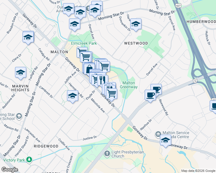 map of restaurants, bars, coffee shops, grocery stores, and more near Dalewood Drive in Mississauga