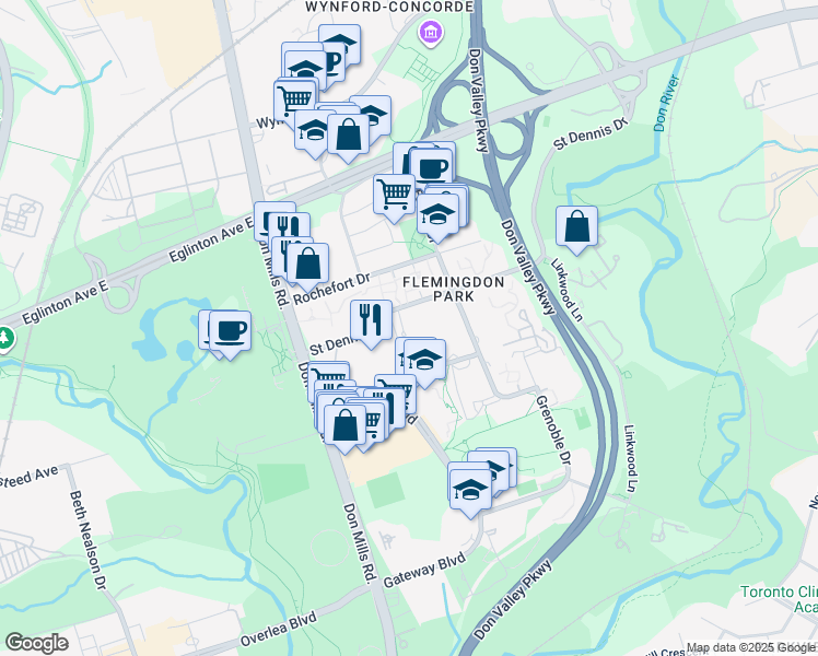 map of restaurants, bars, coffee shops, grocery stores, and more near 25 Saint Dennis Drive in Toronto