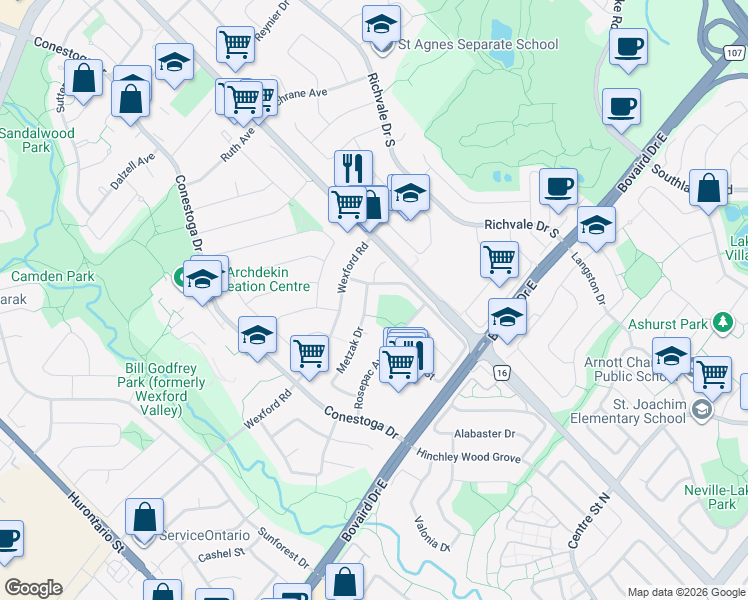 map of restaurants, bars, coffee shops, grocery stores, and more near 59 Metzak Drive in Brampton