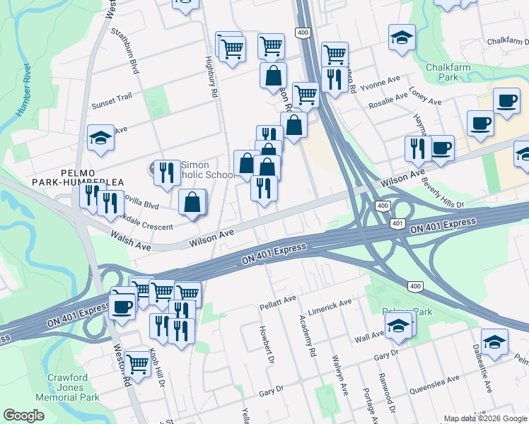 map of restaurants, bars, coffee shops, grocery stores, and more near 1888 Wilson Avenue in Toronto
