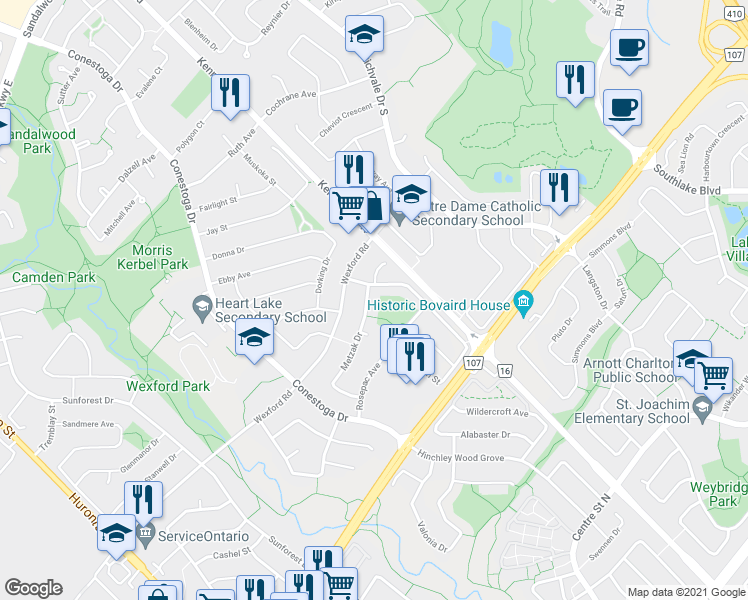 map of restaurants, bars, coffee shops, grocery stores, and more near 59 Metzak Drive in Brampton