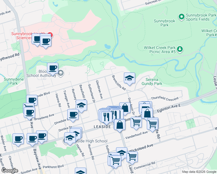 map of restaurants, bars, coffee shops, grocery stores, and more near 343 Laird Drive in Toronto