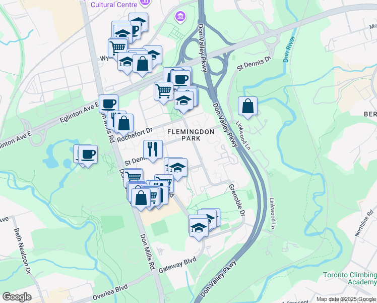 map of restaurants, bars, coffee shops, grocery stores, and more near 10 Deauville Lane in Toronto