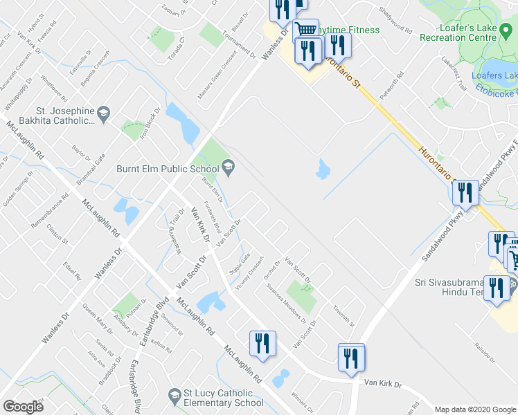 map of restaurants, bars, coffee shops, grocery stores, and more near 26 Milkweed Crescent in Brampton