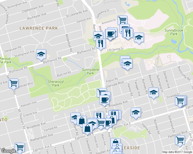 map of restaurants, bars, coffee shops, grocery stores, and more near 1888 Bayview Avenue in Toronto