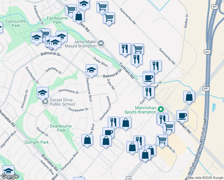 map of restaurants, bars, coffee shops, grocery stores, and more near 29 Duke Road in Brampton