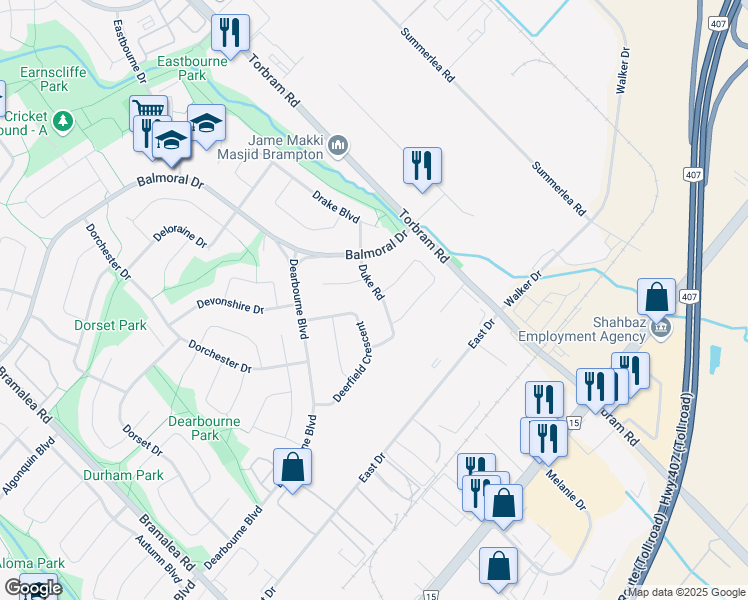 map of restaurants, bars, coffee shops, grocery stores, and more near 29 Duke Road in Brampton