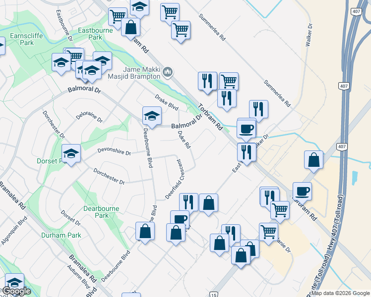 map of restaurants, bars, coffee shops, grocery stores, and more near 29 Duke Road in Brampton
