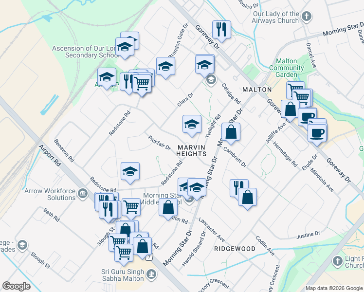 map of restaurants, bars, coffee shops, grocery stores, and more near 7434 Netherwood Road in Mississauga