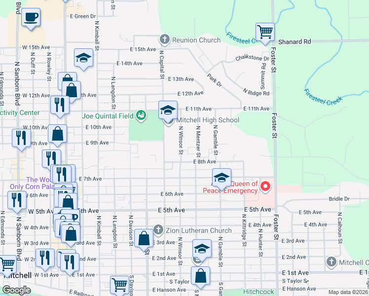 map of restaurants, bars, coffee shops, grocery stores, and more near 814 North Winsor Street in Mitchell