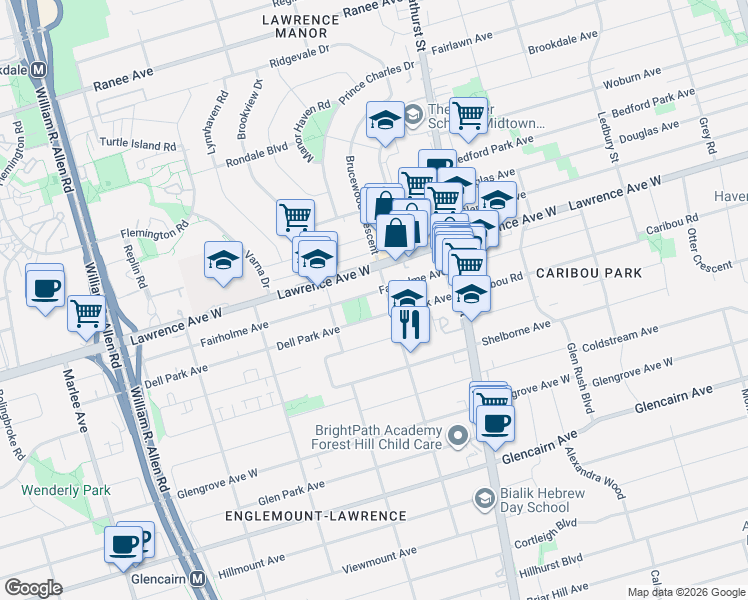 map of restaurants, bars, coffee shops, grocery stores, and more near 45 Fairholme Avenue in Toronto