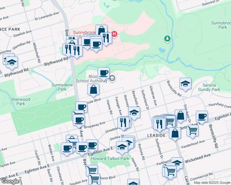 map of restaurants, bars, coffee shops, grocery stores, and more near 80 Glenvale Boulevard in Toronto