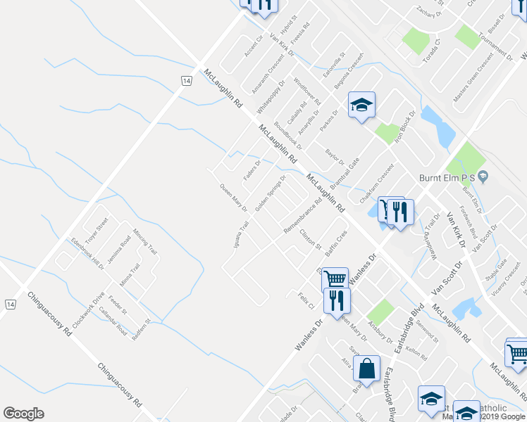 map of restaurants, bars, coffee shops, grocery stores, and more near 40 Hoover Road in Brampton