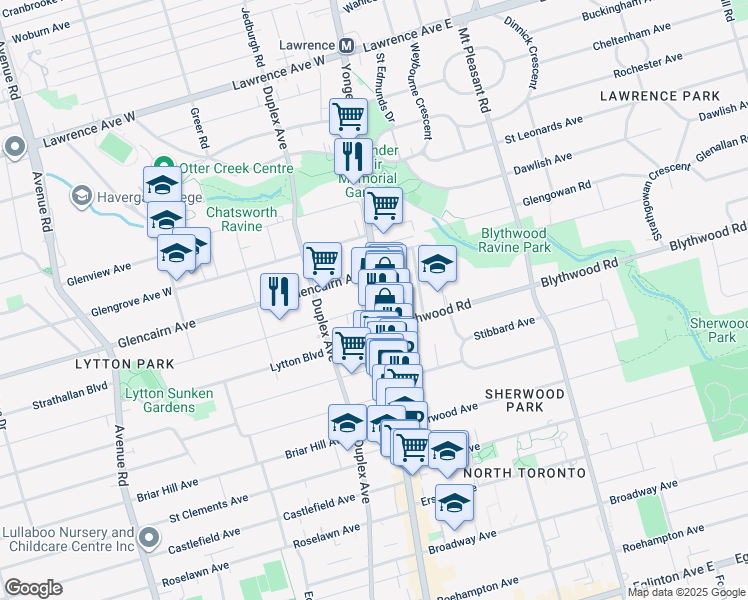 map of restaurants, bars, coffee shops, grocery stores, and more near 2708 Yonge Street in Toronto