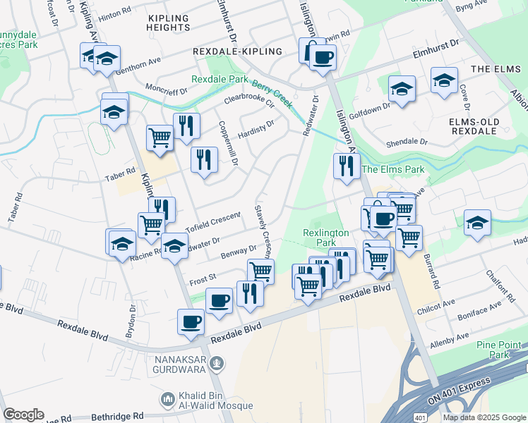 map of restaurants, bars, coffee shops, grocery stores, and more near 51 Stavely Crescent in Toronto