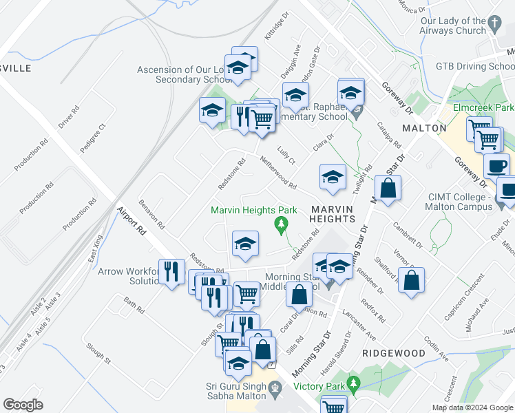 map of restaurants, bars, coffee shops, grocery stores, and more near 3074 Mallbridge Crescent in Mississauga