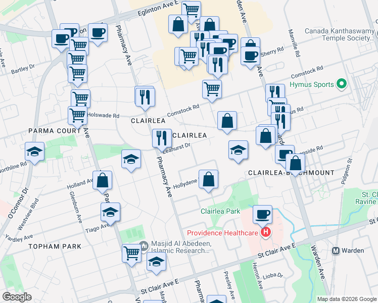 map of restaurants, bars, coffee shops, grocery stores, and more near 10 Faulkland Road in Toronto