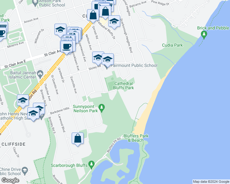 map of restaurants, bars, coffee shops, grocery stores, and more near 41 Broadmead Avenue in Toronto