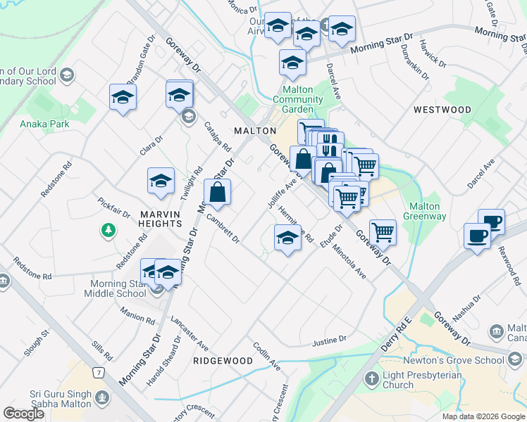 map of restaurants, bars, coffee shops, grocery stores, and more near 3373 Jolliffe Avenue in Mississauga