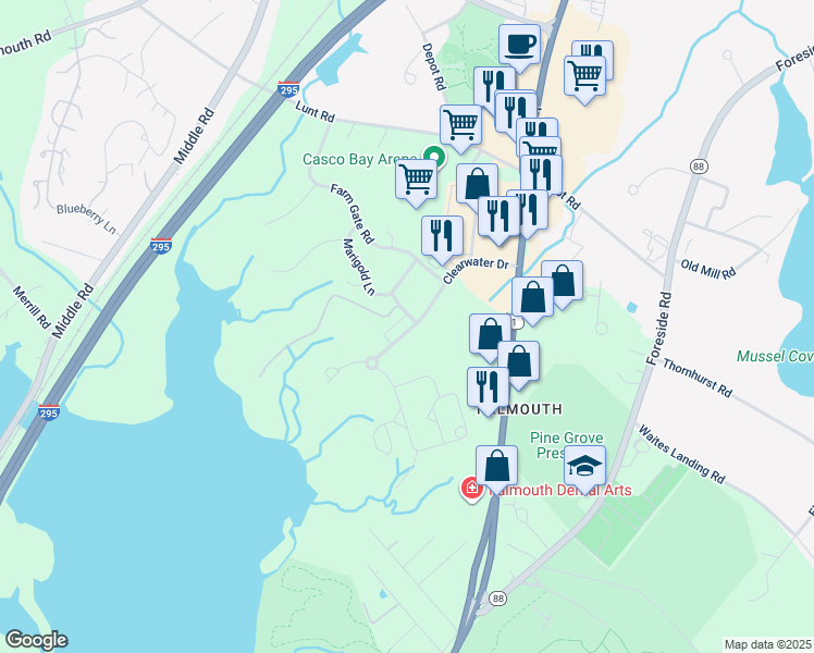 map of restaurants, bars, coffee shops, grocery stores, and more near 75 Clearwater Drive in Falmouth