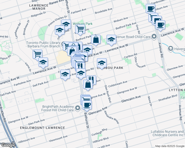 map of restaurants, bars, coffee shops, grocery stores, and more near in Toronto
