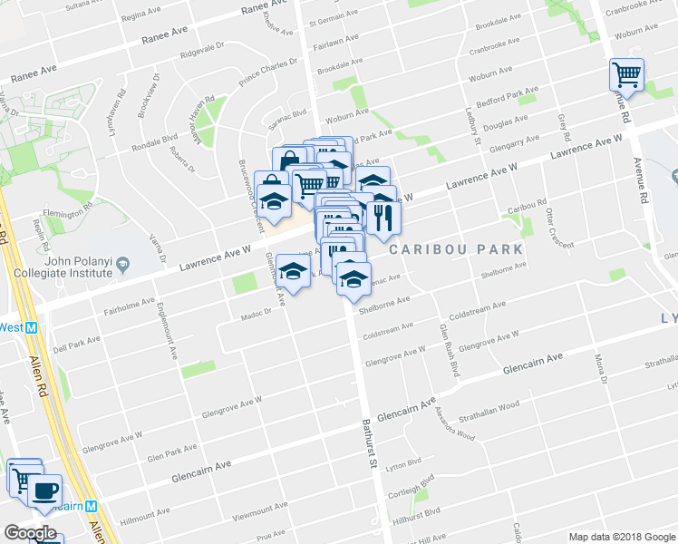 map of restaurants, bars, coffee shops, grocery stores, and more near 3008 Bathurst Street in Toronto