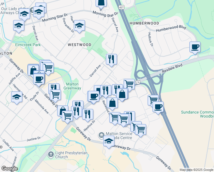 map of restaurants, bars, coffee shops, grocery stores, and more near in Mississauga