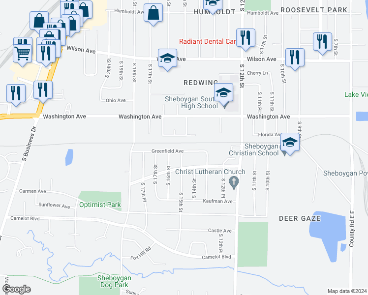 map of restaurants, bars, coffee shops, grocery stores, and more near 1412 Greenfield Avenue in Sheboygan