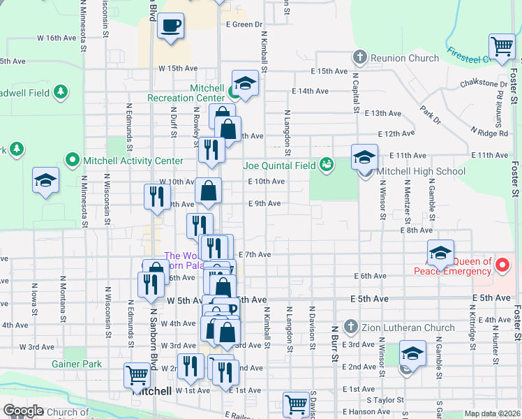 map of restaurants, bars, coffee shops, grocery stores, and more near 209 East 9th Avenue in Mitchell