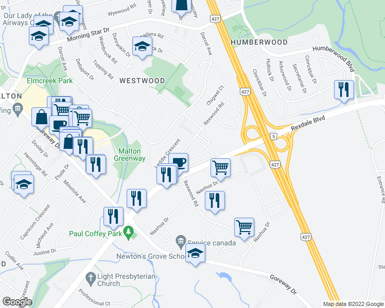 map of restaurants, bars, coffee shops, grocery stores, and more near in Mississauga