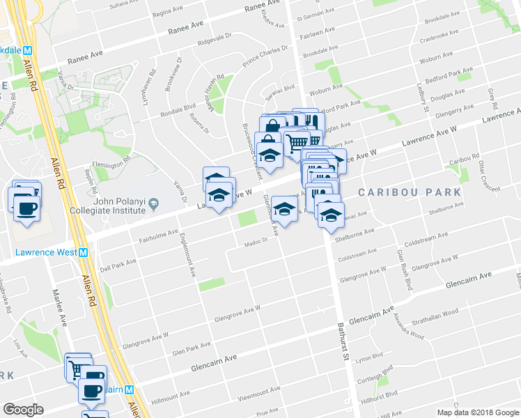 map of restaurants, bars, coffee shops, grocery stores, and more near 45 Fairholme Avenue in Toronto