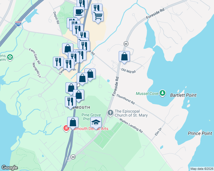 map of restaurants, bars, coffee shops, grocery stores, and more near 6 Vintage Way in Falmouth