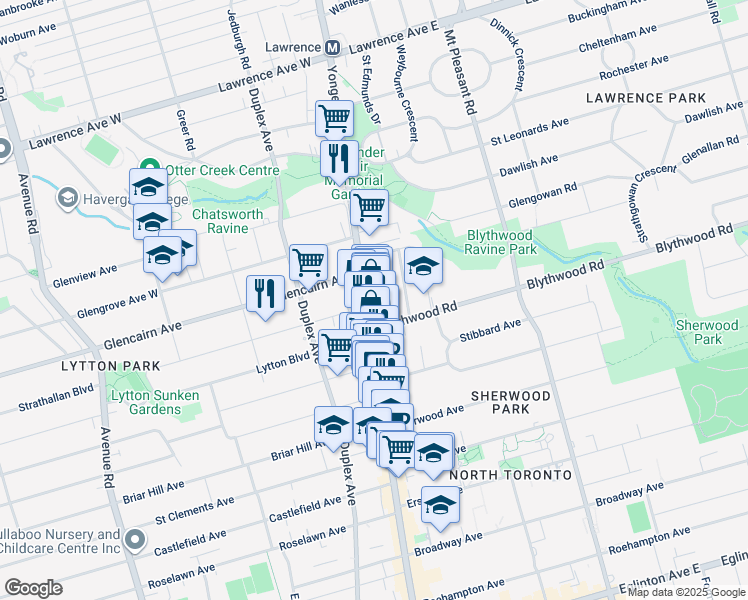 map of restaurants, bars, coffee shops, grocery stores, and more near 2727 Yonge Street in Toronto