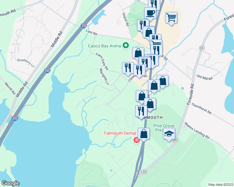 map of restaurants, bars, coffee shops, grocery stores, and more near 75 Clearwater Drive in Falmouth