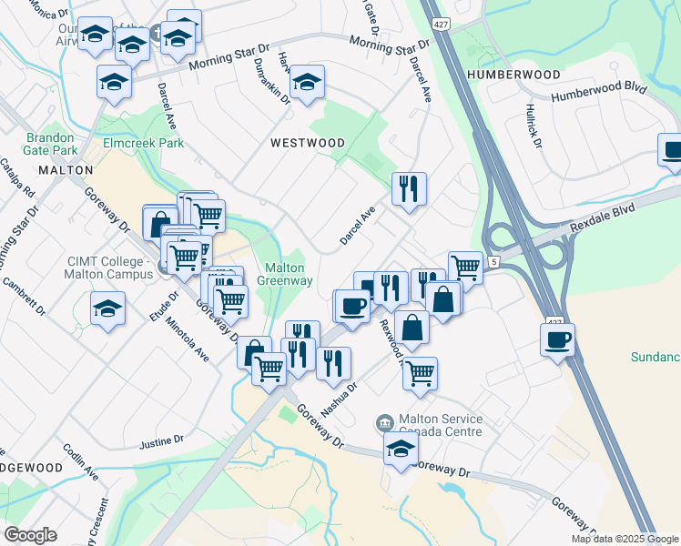 map of restaurants, bars, coffee shops, grocery stores, and more near 3525 Laddie Crescent in Mississauga
