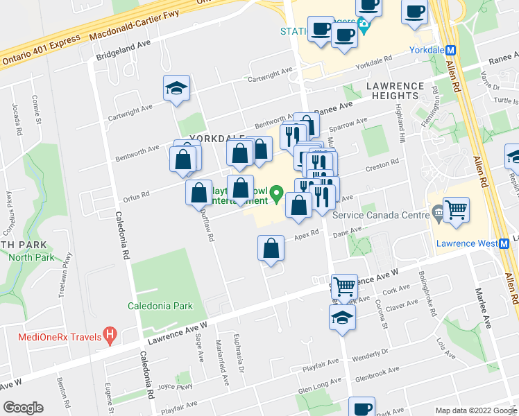 map of restaurants, bars, coffee shops, grocery stores, and more near 45 Samor Road in Toronto