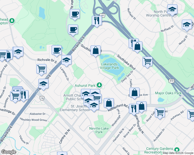 map of restaurants, bars, coffee shops, grocery stores, and more near 14 Stingray Court in Brampton