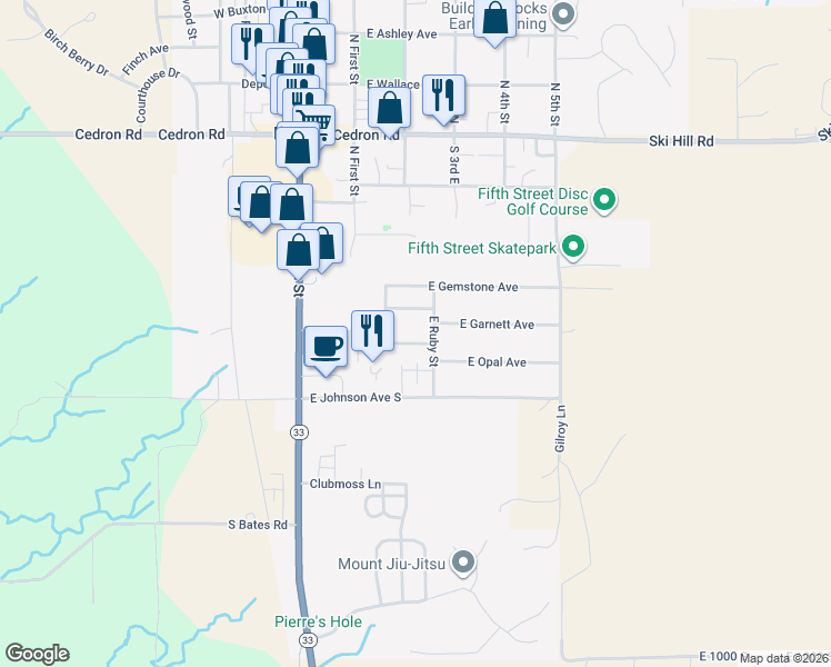 map of restaurants, bars, coffee shops, grocery stores, and more near 225 East Opal Avenue in Driggs
