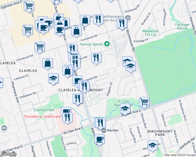 map of restaurants, bars, coffee shops, grocery stores, and more near 22 Fusilier Drive in Toronto