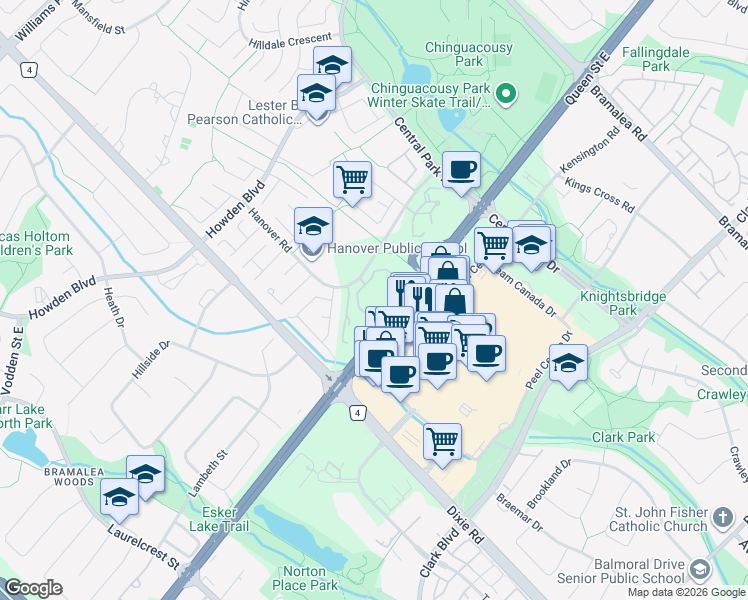 map of restaurants, bars, coffee shops, grocery stores, and more near 24 Hanover Road in Brampton