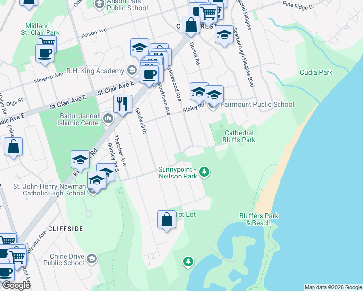 map of restaurants, bars, coffee shops, grocery stores, and more near 73 Brooklawn Avenue in Toronto