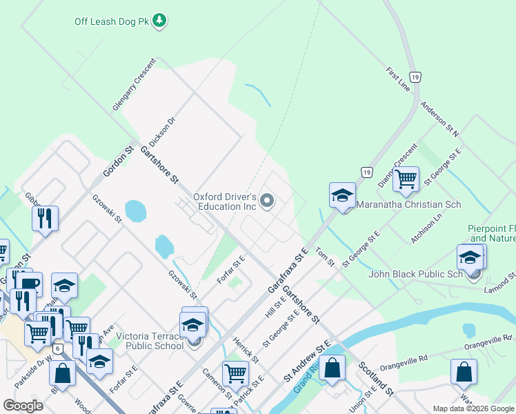 map of restaurants, bars, coffee shops, grocery stores, and more near 33 McFarlane Crescent in Fergus