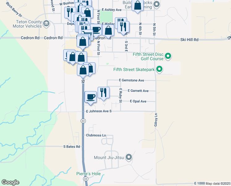 map of restaurants, bars, coffee shops, grocery stores, and more near 225 East Opal Avenue in Driggs