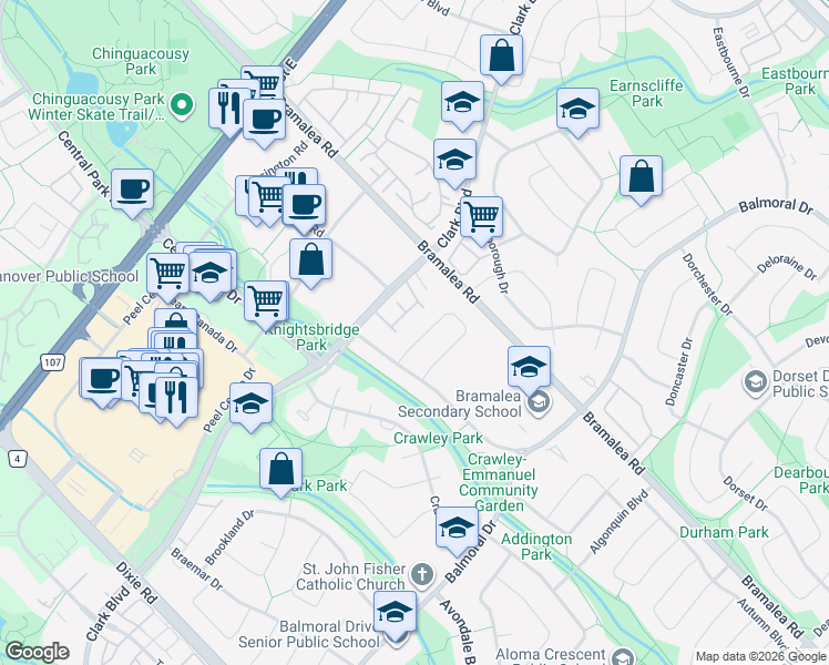 map of restaurants, bars, coffee shops, grocery stores, and more near 83 Cathcart Crescent in Brampton